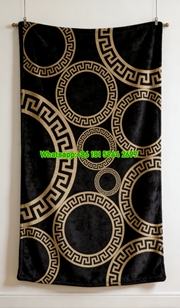 Versace Black Gold Greek Key Circular Pattern Print Flannel Sofa Throw Blanket IMG_1430